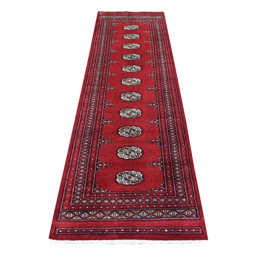 Rich Red Pure Wool Hand Knotted Mori Bokara with Tribal Medallions Design Oriental Runner Rug