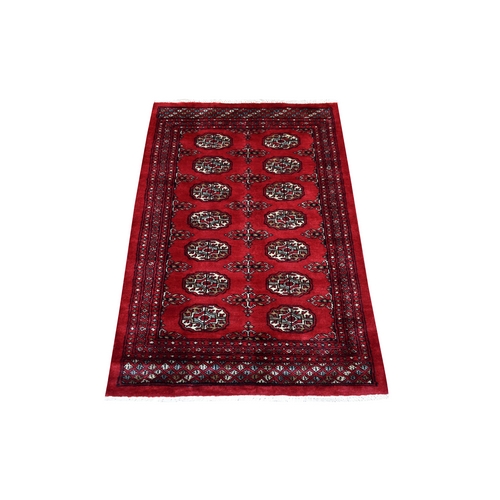 Mori Bokara with Geometric Medallions Design Deep Red Soft Wool Hand Knotted Oriental Rug