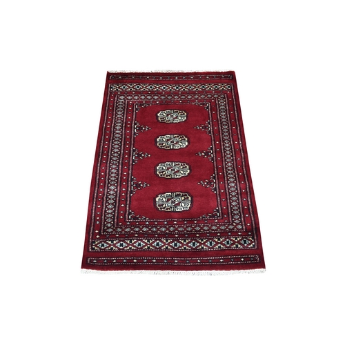 Hand Knotted Mori Bokara with Tribal Medallions Design Rich Red Pure Wool Oriental Rug