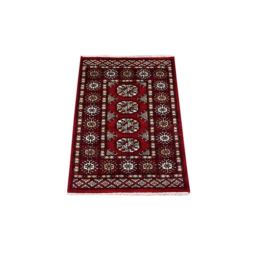 Mori Bokara with Tribal Medallions Design Deep and Rich Red Pure Wool Hand Knotted Oriental Mat Rug