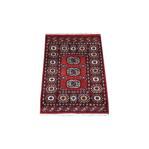 Mori Bokara with Tribal Medallions Design Deep Red Extra Soft Wool Hand Knotted Oriental Mat Rug