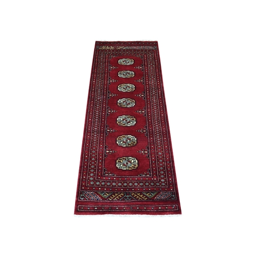 Mori Bokara with Tribal Medallions Design Rich Red Extra Soft Wool Hand Knotted Oriental Runner Rug