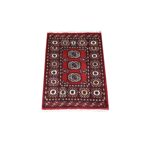 Mori Bokara with Tribal Medallions Design Deep Red Soft Wool Hand Knotted Oriental Mat Rug