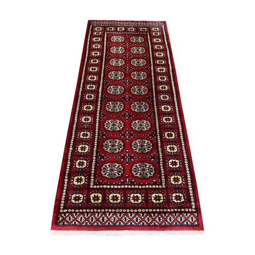 Mori Bokara with Geometric Medallions Design Deep and Rich Red Pure Wool Hand Knotted Oriental Runner Rug