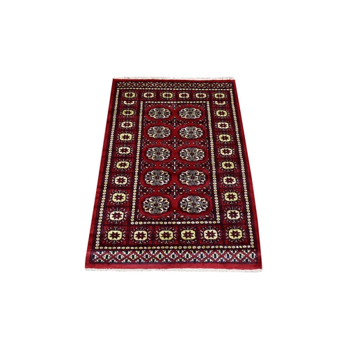 Mori Bokara with Geometric Medallions Design Deep and Rich Red Organic Wool Hand Knotted Oriental Rug