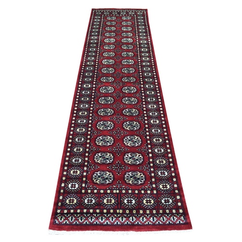 Hand Knotted Mori Bokara with Geometric Medallions Design Deep Red Extra Soft Wool Oriental Runner Rug