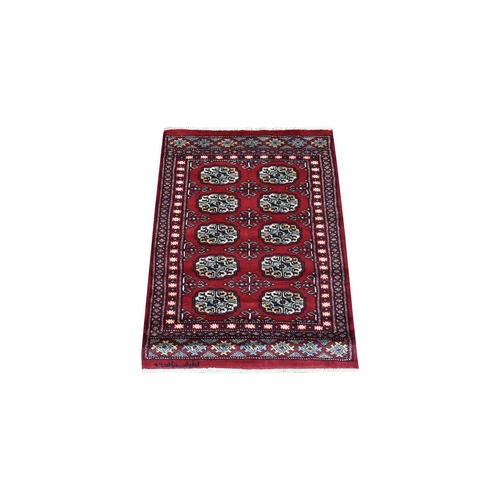 Deep and Rich Red Extra Soft Wool Hand Knotted Mori Bokara with Geometric Medallions Design Oriental Mat Rug