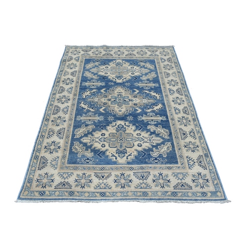 Medium Sapphire, Super Kazak with Large Medallions Design Natural Dyes, Organic Wool Hand Knotted, Oriental Rug