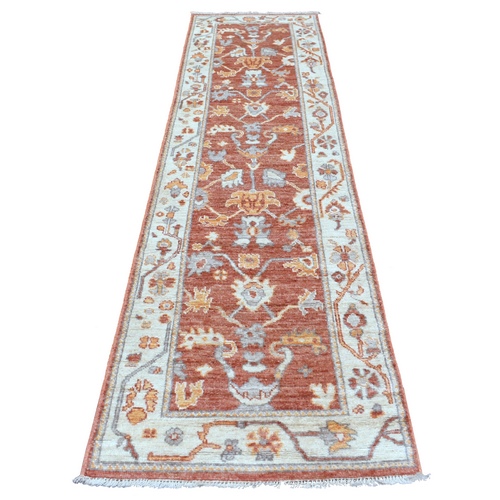 Hand Knotted Brick Red Afghan Angora Oushak with All Over Leaf Design Soft Wool Oriental Runner Rug