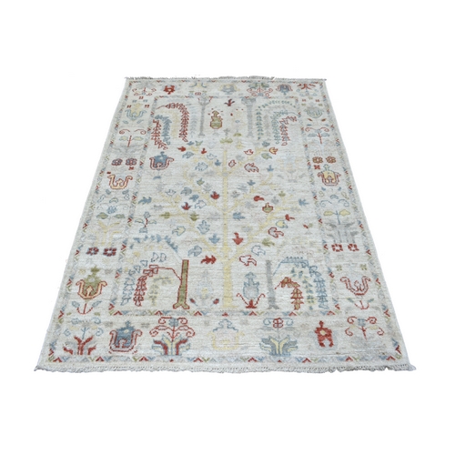Hand Knotted Ivory Angora Oushak with Cypress and Willow Tree Design Soft Wool Oriental Rug
