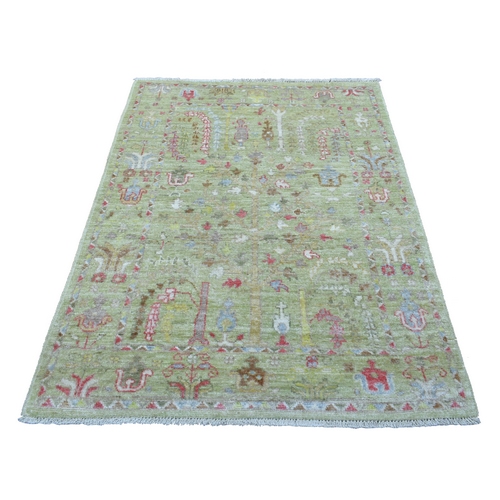 Afghan Angora Ushak with Colorful Willow and Cypress Tree Design Organic Wool Hand Knotted Lime Green Oriental Rug