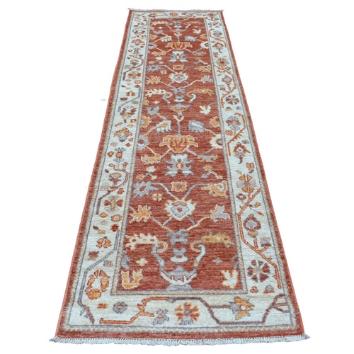 Hand Knotted Rust Red Afghan Angora Oushak with Colorful All Over Leaf Design Soft Wool Oriental Runner Rug