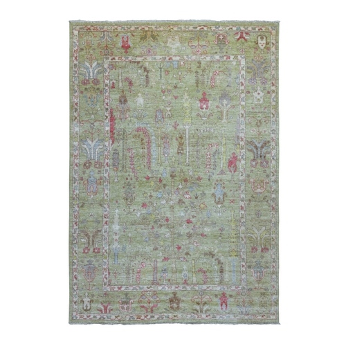 Soft Wool Hand Knotted Lime Green Angora Oushak with Colorful Cypress and Willow Tree Design Oriental Rug