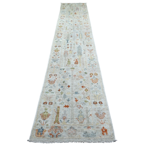 Hand Knotted Silver Blue Angora Ushak with Cypress and Willow Tree Design Afghan Wool Oriental XL Runner Rug