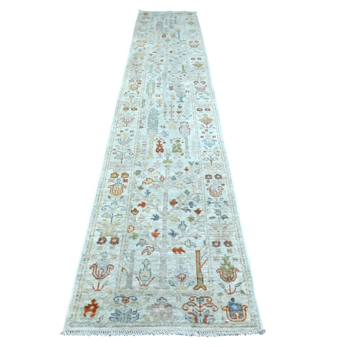 Pop of Color Afghan Angora Oushak with Cypress and Willow Tree Design Ivory Hand Knotted Soft Wool Oriental XL Runner Rug