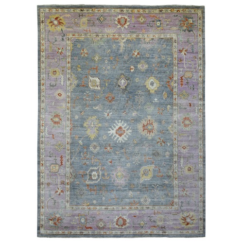 Gray with Purple Border, Beautiful Floral Pattern, Hand Knotted, Afghan Angora Oushak, Pure Wool, Oriental 