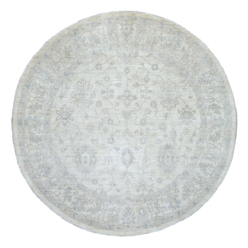 White Wash Peshawar with Faded Out Flower Design Hand Knotted Organic wool Oriental Round 