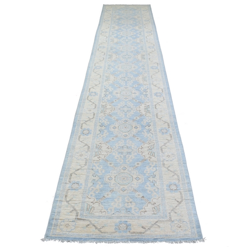 Hand Knotted Denim Blue Washed Out Peshawar with Flower Medallion Design Pure Afghan Wool Oriental XL Runner 