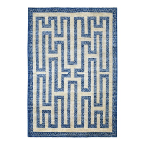Soft and Pliable Wool Hand Knotted Denim Blue Maze Design with Berber Influence Oriental Rug