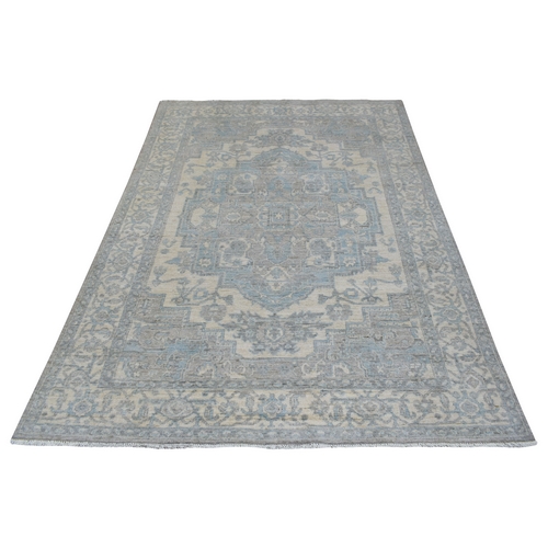 Gray Milk Wash Peshawar with Geometric Medallion Design Hand Knotted Pure Wool Oriental 