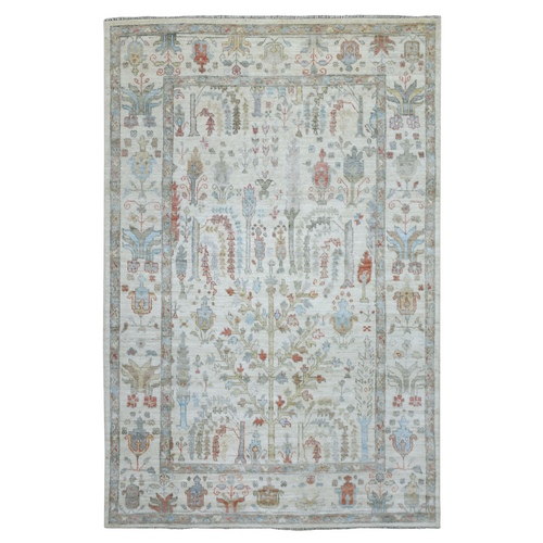 Ivory, Hand Knotted, Afghan Angora Ushak with Cypress and Willow Tree Design, Supple Wool Oriental Rug