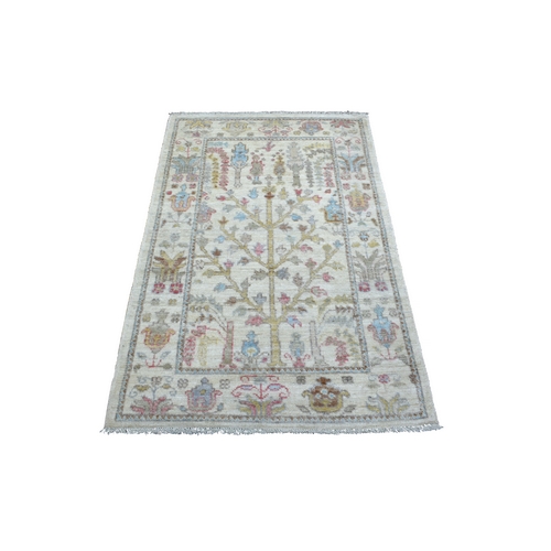 Ivory, Hand Knotted, Afghan Angora Oushak with Cypress and Willow Tree Design, Organic Wool Oriental Rug