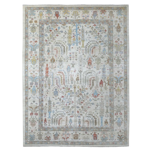 Ivory, Hand Knotted, Natural Wool, Afghan Angora Oushak with Cypress and Willow Tree Design, Oriental Rug
