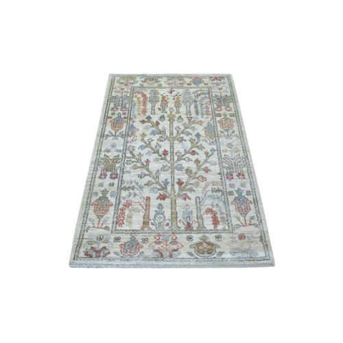 Ivory Hand Knotted, Afghan Angora Oushak with Cypress and Willow Tree Design, Pure Wool Oriental Rug