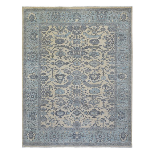 Ivory, Hand Knotted Densely Woven Fine Peshawar with Heriz Design, Organic Wool, Oriental Rug
