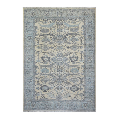 Ivory, Pure Wool Natural Dyes Hand Knotted, Densely Woven Fine Peshawar with Heriz Design, Oriental Rug