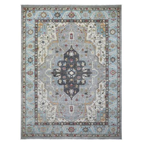 Cloud Gray, Fine Peshawar with Heriz Design Natural Dyes, 100% Wool Hand Knotted, Oriental Rug