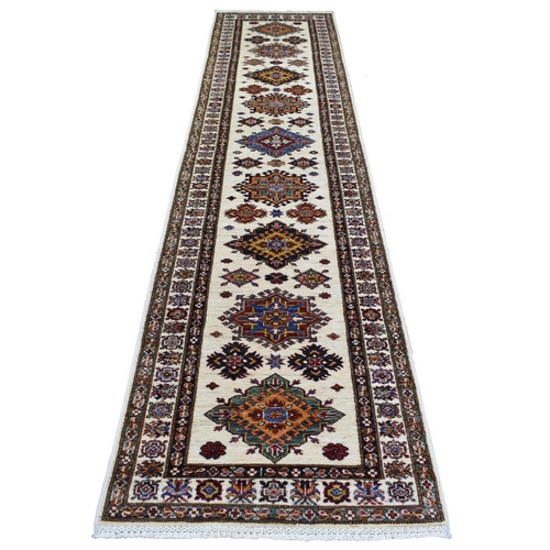 Ivory Afghan Super Kazak with Geometric Medallion Design Hand Knotted, Pure Wool Runner Oriental 