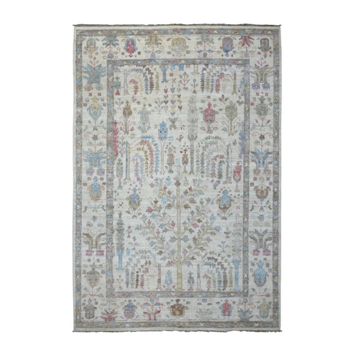 Ivory Hand Knotted, Afghan Angora Oushak with Colorful Cypress and Willow Tree Design, Pure Wool Oriental Rug