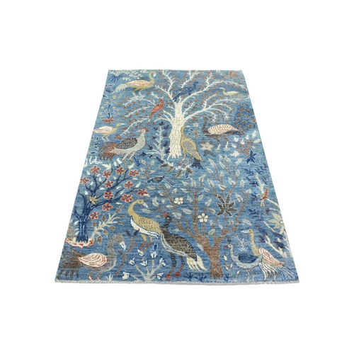 Denim Blue, Fine Peshawar with Birds of Paradise, Pure Wool Natural Dyes Densely Woven Hand Knotted, Oriental Rug