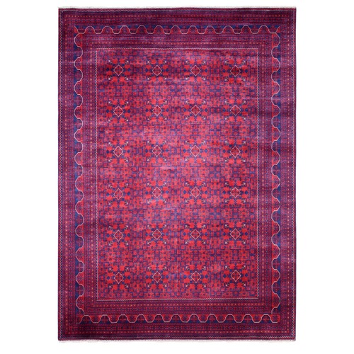 Saturated Red with Pop of Navy Blue, Geometric Design Afghan Khamyab, Natural Dyes, Hand Knotted, Soft Wool, Denser Weave, Oriental Rug