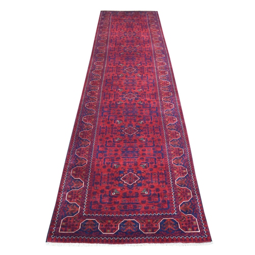 Saturated Red with Touches of Navy Blue, Geometric Design Afghan Khamyab, Natural and Shiny Wool, Hand Knotted, Vegetable Dyes, Denser Weave, Runner Oriental Rug