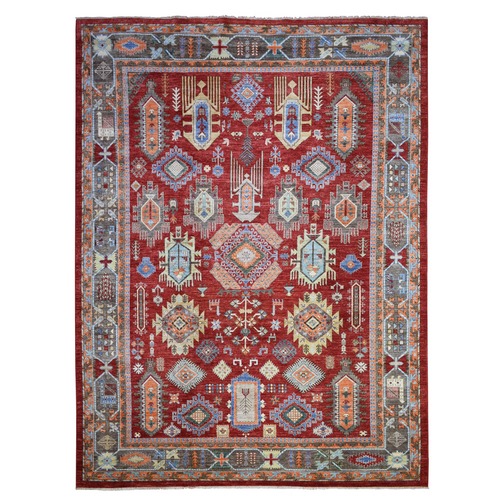 Rich Red, Hand Knotted Afghan Ersari with Large Elements Design, Vegetable Dyes Pure Wool, Oriental Rug