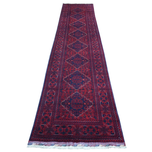 Deep and Saturated Red, Afghan Khamyab with Geometric Medallions, Soft and Shiny Wool Hand Knotted, Runner Oriental 