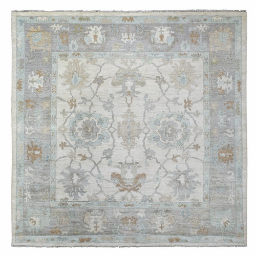 Ivory, Afghan Angora Oushak with All Over Vines Design Natural Dyes, Pure Wool Hand Knotted, Square Oriental Rug