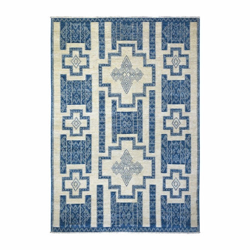 Denim Blue, Densely Woven Fine Peshawar with Berber Motifs, Hand Knotted, Natural Wool Oriental Rug