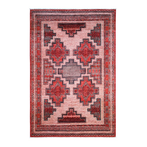 Red Peshawar with Berber Motifs, Pop Of Color Pure Wool Hand Knotted Oriental Rug