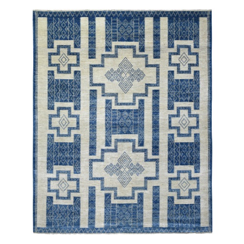 Denim Blue, Natural Wool Fine Peshawar with Berber Motifs, Hand Knotted Densely Woven Oriental Rug