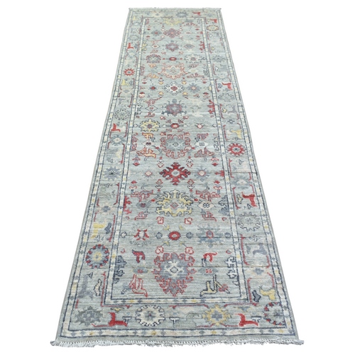 Light Gray All Over Design Angora Oushak Natural Dyes, Afghan Wool Hand Knotted Runner Oriental 