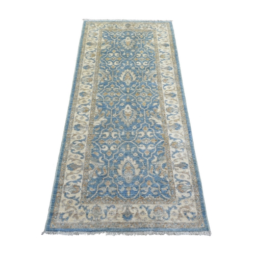 Light Blue, Organic Wool Hand Knotted, Fine Peshawar with All Over Design Densely Woven, Runner Oriental Rug