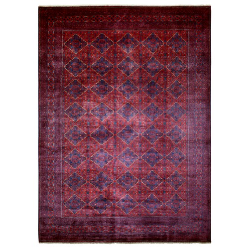 Deep and Saturated Red, Hand Knotted Afghan Khamyab with Geometric Medallions Design, Velvety Wool, Oriental Rug