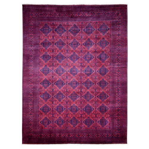 Deep and Saturated Red, Hand Knotted Afghan Khamyab with Geometric Medallions Design, Pure Wool, Oriental Rug