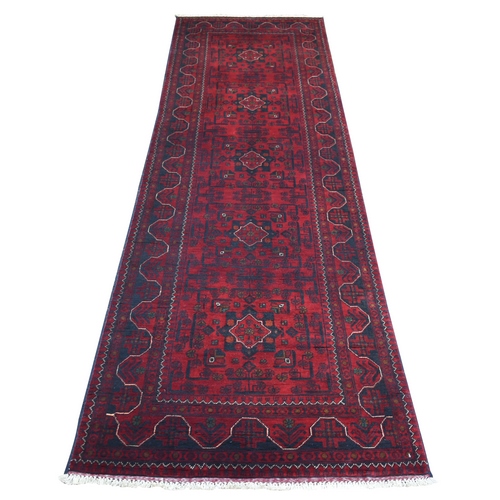 Deep and Saturated Red, Afghan Khamyab with Geometric Design, Shiny Wool Hand Knotted, Wide Runner Oriental Rug