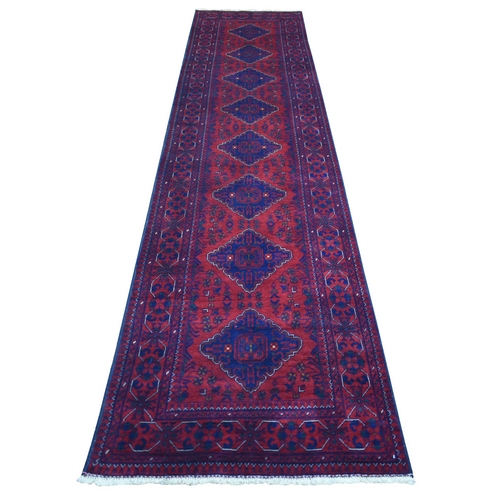 Deep and Saturated Red, Afghan Khamyab with Geometric Medallions Design, Velvety Wool Hand Knotted, Runner Oriental 