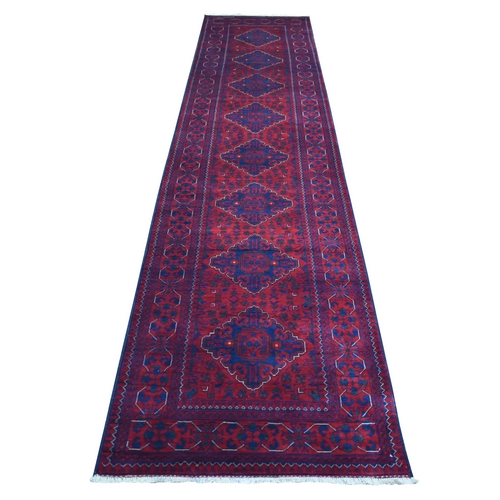 Deep and Saturated Red, Hand Knotted Afghan Khamyab with Geometric Medallions Design, Soft Wool, Runner Oriental 