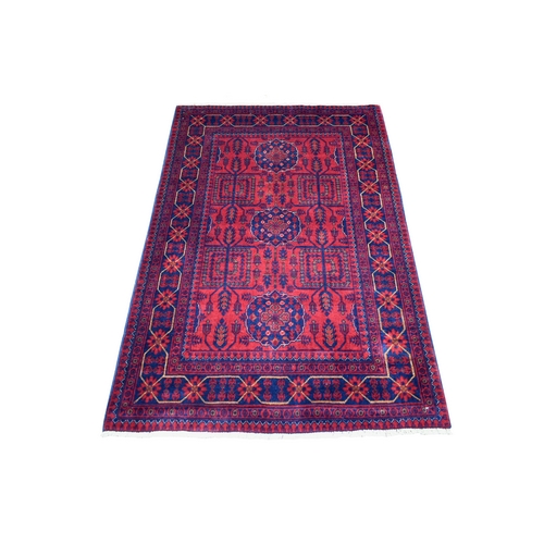 Deep and Saturated Red, Velvety Wool Hand Knotted, Afghan Khamyab with Geometric Medallion Design, Oriental Rug